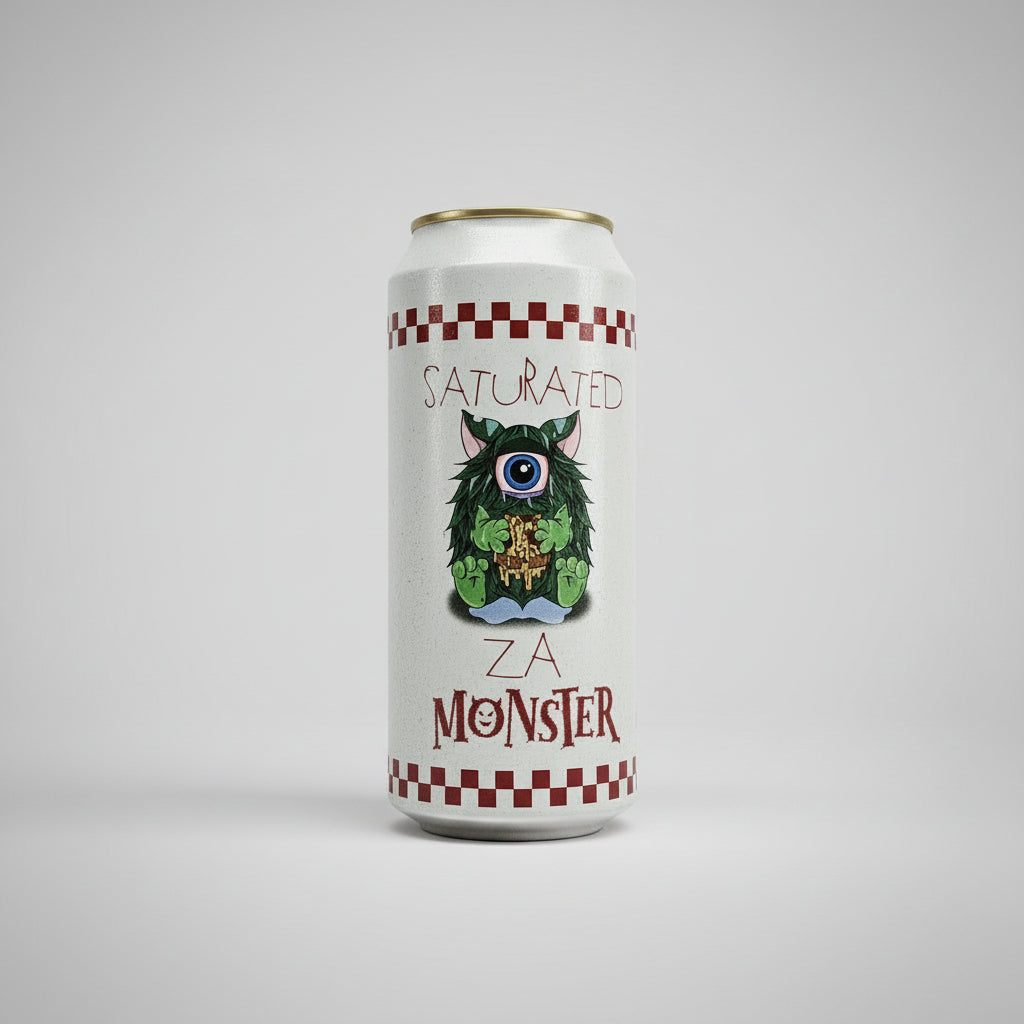 Can with a monster design and text on a light gray background