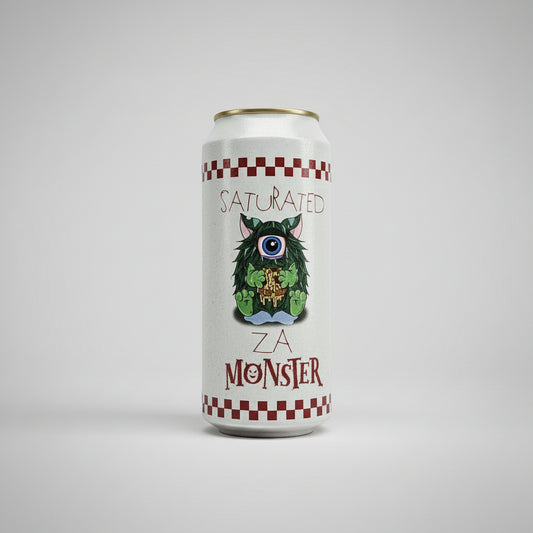 Can with a monster design and text on a light gray background
