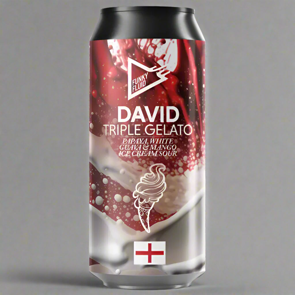 "Blik David: Triple Gelato Papaya, White Guava & Mango Smoothie-bier van Funky Fluid"