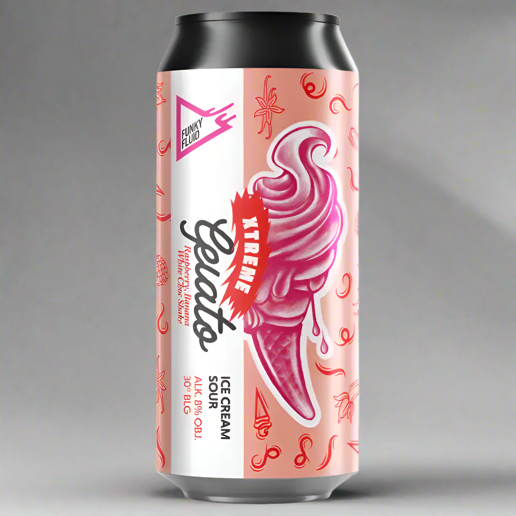 "Blik Gelato XTREME: Raspberry Banana White Choc Shake Smoothie-bier van Funky Fluid"